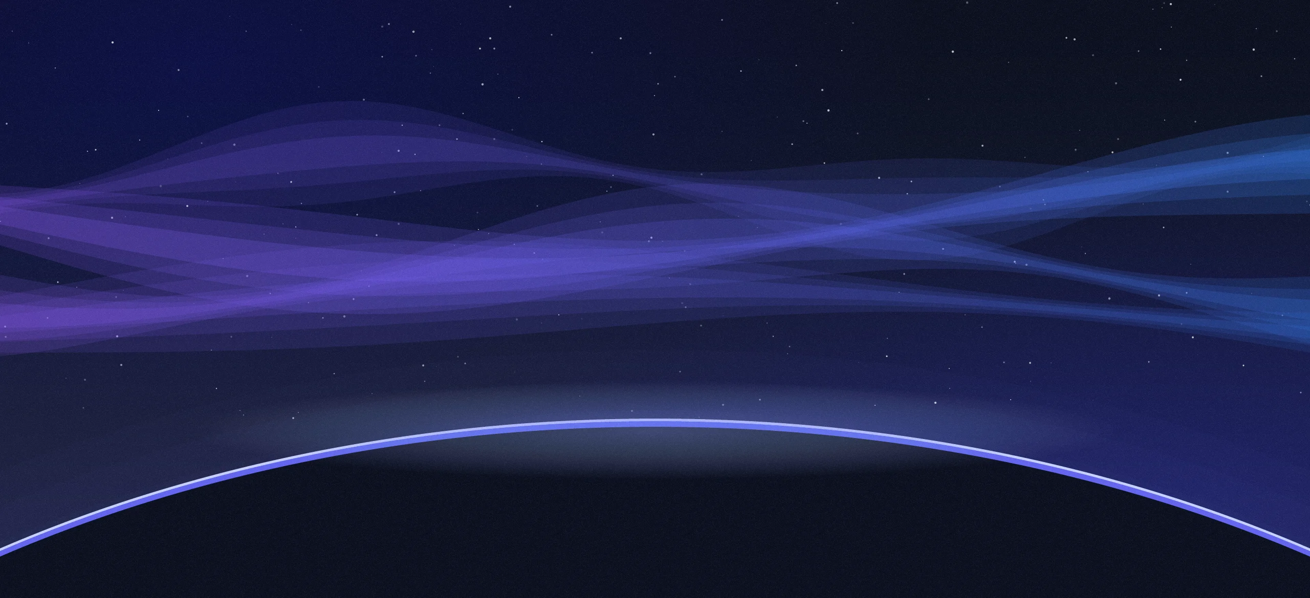 Violet and blue aurora bands over the curve of a dark horizon.